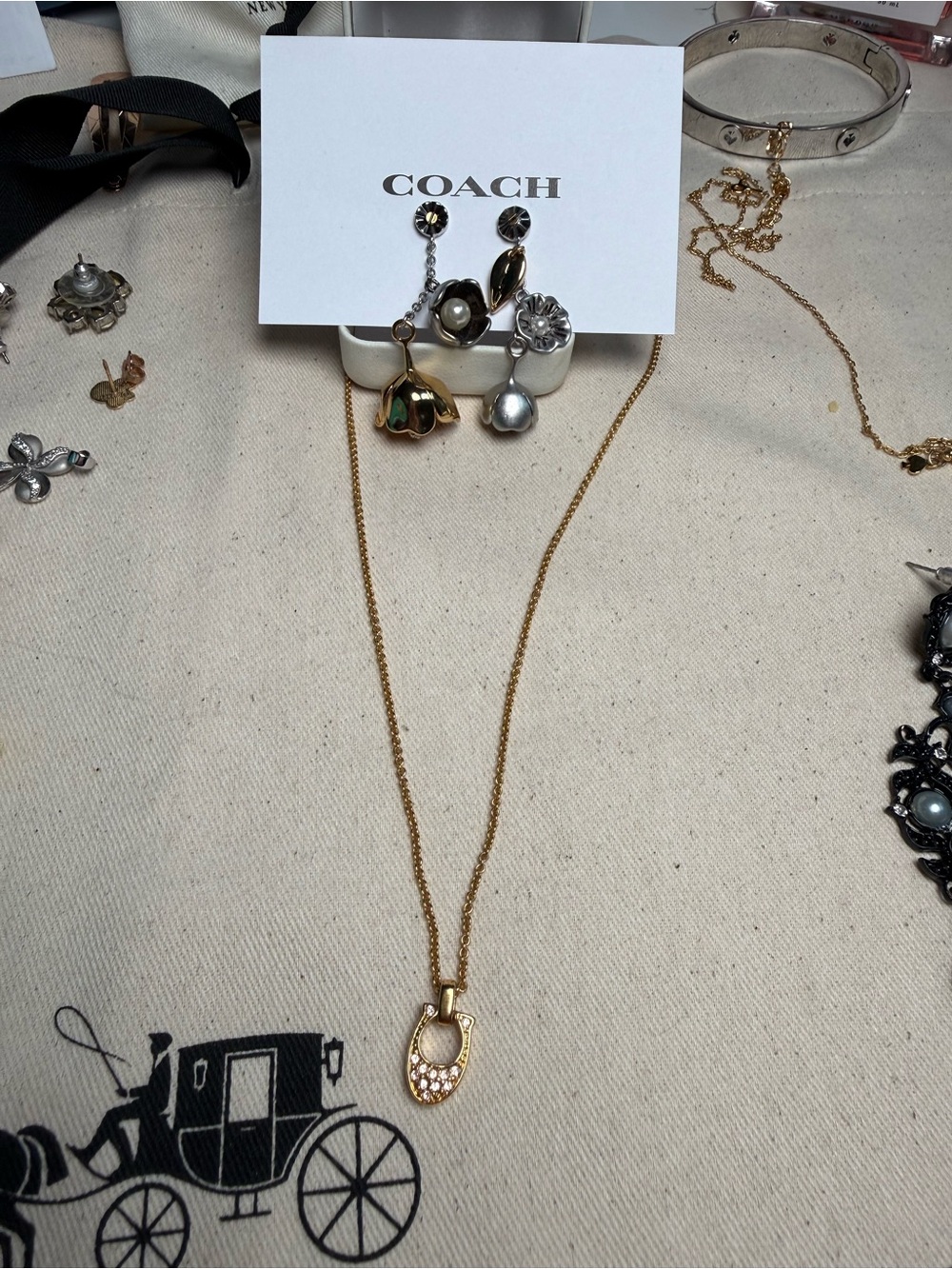 Coach Gold-Tone Crystal Horseshoe Pendant Necklace and earrings NWOT